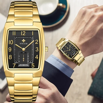 WWOOR Luxusní Pánské Hodinky Gold Black Quartz Vodotěsné, Chronograph Hodiny Módní Nové Náměstí Náramkové hodinky Pro Muže Relogio Masculino