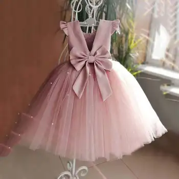 2022 Peach Pink Flower Girl Šaty Svatební Lištování s hlubokým Výstřihem Girl Birthday Party Večerní Šaty Tyl Princezna plesové Šaty 1-12Y