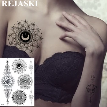 REJASKI Černá Henna Totem Mandala Květiny Mehndi Realistické Dočasné Tetování Nálepka body Art Sexy Tetování Vlastní schránky Tetování