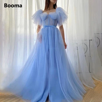 Booma Baby Blue Skládaný Tyl Plesové Šaty Srdíčko Vrstvami Listového Rukávy A-Line Plesové Šaty Luk Pás Dlouhé Svatební Party Šaty