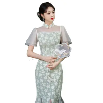 2022 Zelená Modrá Cheongsam Francouzské Květinové Krátký Rukáv Šifon Vintage Fishtail Svatební Šaty Slim Elegantní Kostýmy Qipao Moderní