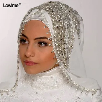 Luxusní Šití Korálky Crystal Závoje na Zakázku Barva Délka Široké Muslimské Závoje Hidžáb Jednu Vrstvu Šikovný Vyrobené Svatební Závoj LW-107