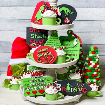 Veselé Vánoce Nový Statek Stupňová Zásobník Dekorace Zelený Dřevěný Stůl Top Značky Ornament Domácí Party Rekvizity