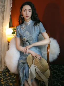 Ženy Lotus Cheongsam Letní Květinové Krátký Rukáv Vintage Modré Šaty Slim Ženské Kostýmy Qipao S Až XXL