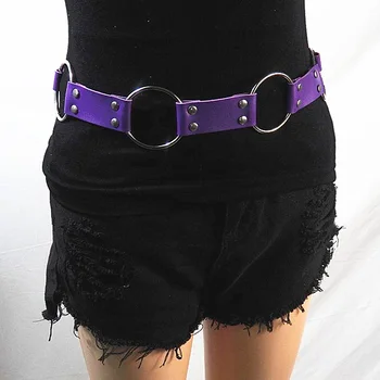 Módní Ženy Gothic Punk Bederní Pás Kovový Kruh Ring Design Stříbrná Pin Spony Kožené Černé Pas Džíny Pás Pásy