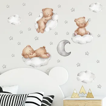 Kreslený Medvěd dobrou noc, mrak, Měsíc, mrak, dětský pokoj domova DIY nástěnné dekorace PVC samolepky na zeď bytové dekorace vodotěsné