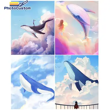 PhotoCustom DIY Malování Podle čísel velryba Obrázky Podle Čísel Zvířat, Soupravy pro Kreslení Na Plátno, Obrazy Umění Domova