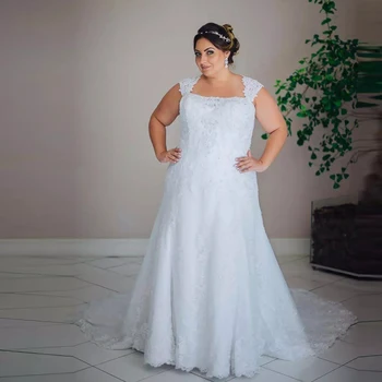 Nádherné Bílé Tylu Svatební Šaty Plus Velikosti Pro Ženy, Náměstí Krk Zamést Vlak Nášivka Bez Rukávů Zip Vintage Svatební Šaty
