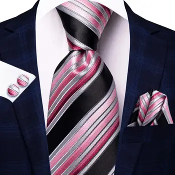 Černé Růžové Pruhované Hedvábné Svatební Kravaty Pro Muže Handky Manžetový Knoflík Dárek Muži Kravata Módní Obchodní Párty Dropshiping Hi-Tie Designer