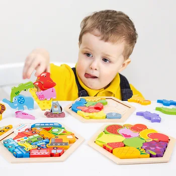 3D Dřevěné Děti, Zvířata, Ovoce Kreativní Tří-dimenzionální Puzzle Stavební Bloky Počátku Vzdělávací Tetris Stavební Blok Hračky