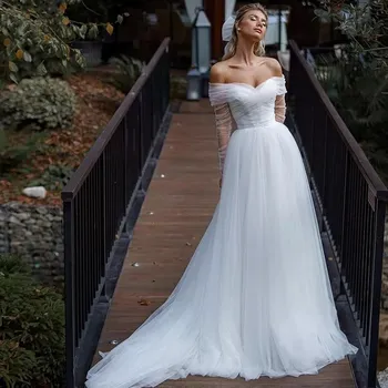 Elegantní Bílé Illusional Tulle Beach Svatební Šaty Off Rameno Zlatíčko Tlačítko Zpět-Line Svatební Šaty vestidos de novia