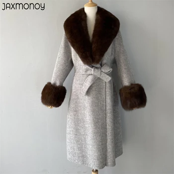 Jaxmonoy dámská Zimní Kašmírový Kabát 100% Real Fox Kožešiny Límec a Manžety Módní Teplý Dlouhý Příkop Pás Slim Pevné Svrchní oblečení Nové
