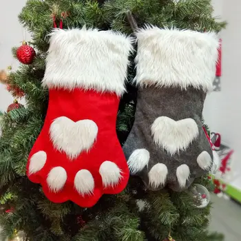 Vánoční ponožky červené a šedé dlouhé vlasy psí tlapky ponožky, tašky Candy Tašky decoracion navidad 2020 ozdob Weihnachtsstrumpf