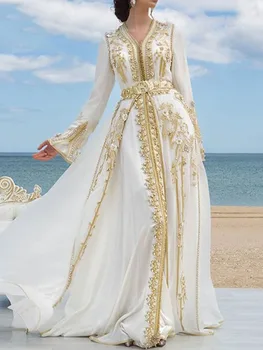Bílé Luxusní Šifónové Večerní Šaty Dlouhé 2022 Zlaté Krajky Nášivky Marocké Kaftan Dubaj arabské Plesové Šaty Party Šaty EV56
