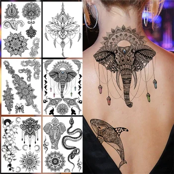 Kmenové Slon Velryba Dočasné Tetování Pro Ženy, Dívky A Dospělé Černá Henna Tetování Nálepka Falešné Mandala Lotosový Květ Tetování Zpět