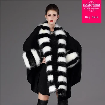 Podzim zima žen teplé a módní volné pončo kauzální plášť dlouhý pletený svetr falešné fox kožešinovým límcem šátek kabáty L1244