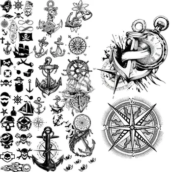 Kotva, Kompas Dočasné Tetování Pro Dospělé Muži Ruku Zpět Realistické Tetování Pirát Nekonečný Kreslený Malé Falešné Tetování Nálepka DIY