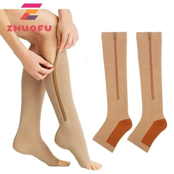 ZHUOFU Kompresní Punčochy pro Muže/Ženy, Sportovní Tlaku Dlouhé Cyklistické Ponožky Zip Profesionální Podporu Nohy Tlusté Sockings