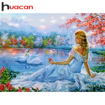 Huacan 5d DIY Diamantový Obraz Plný Náměstí/Kolo Ženy Swan Diamond Korálky Výšivky Mozaika Holka, Portrét, Krajina Vyšívání