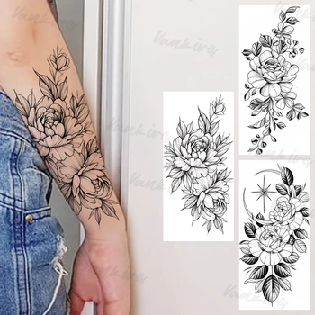 Pivoňka Černá Dočasné Tetování Pro Ženy Dívky Realistické Měsíc Pivoňka Růže Květ Falešné Tetování Nálepka Sexy Paže kolem Pasu Tetování 3D