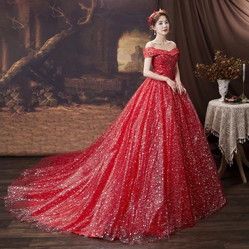3 Modely Červená Romantické Lesklé Hvězdy Svatební Šaty s Rukávem Plus Velikosti Off Rameno Krajka Princezna Svatební Šaty Vestidos De Novia