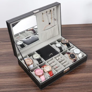 8-Slot Hodinky Zobrazení Případě Šperky Box Organizér Luxusní Prsten Šperky Skladování Dárkové Krabičce Černé Kožené Hodinky Držák s Mirror Lock