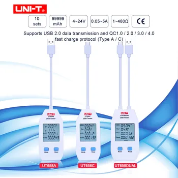 JEDNOTKA UT658A/UT658C/UT658DUAL series USB Power Meter a Digitální Tester Meter pro Napětí/Proud/ Kapacita/Energie/Odpor