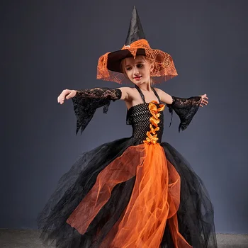 Halloween, Čarodějnice Kostýmy pro Děti Dívky Černého Tylu Dlouhé Šaty Oblečení S Kloboukem Manžety Holka, Karneval, Party Šaty Princezna Šaty