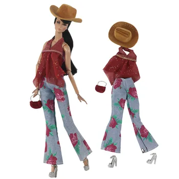 Kovbojský styl oblečení set / horní + klobouk + džíny kalhoty + vak + boty / 30cm panenka, šaty, oblek, oblečení Pro 1/6 Xinyi FR ST Panenka Barbie