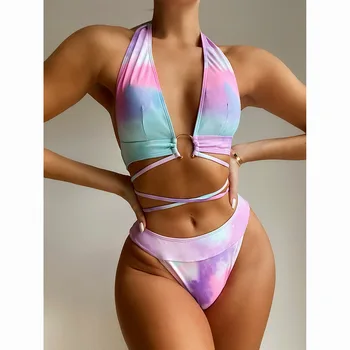 Dámské Plavky 2021 Bikiny Push Up Plavky Žena Vysokým Pasem Bikini Set Tie Dye Plavky Plážové Oblečení Plavky