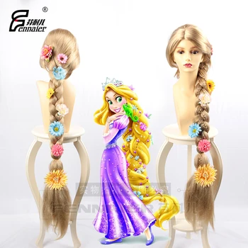 Halloween Ženy Princezna Rapunzel Zamotaný Cosplay Paruka blond cop vlasy Roli Hrát Dlouhé zlaté účesy s květinami