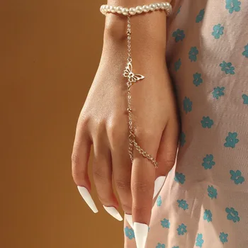 Slitiny Butterfly Řetězce Náramek Prst Módní Osobnosti Simulace Pearl Korálkový Luxusní Náramek Pro Ženy Šperky Velkoobchod Bijoux
