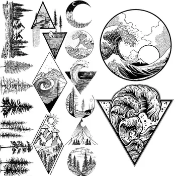 Černé Moře Vlna Dočasné Tetování Pro Ženy, Muže, Realistické Lesní Geometrické Hory Falešné Tetování Nálepka Rameno, Vodotěsné Tetování