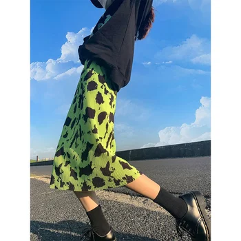 Kontrastní Barvy A-Line Šaty Fluorescenční Zelená Leopard-Print Dámské Sukně Jaro Léto Skládaný Rovné Trubice Slim Japonsko