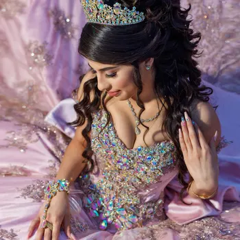 Růžové Třpytivé Crystal Dlouhý Vlak Quinceañera Šaty, plesové Šaty Off Rameno Nášivky Bow Sladké 15 Vestidos De XV Años Narozeniny