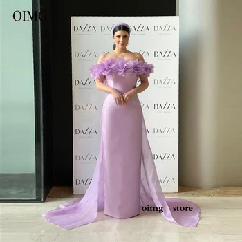 OIMG Elegantní Levandule Satén Formální Večerní Šaty Off Rameno 3D Květy bez Ramínek Overskirt Saúdské arabské Ženy, Plesové Šaty