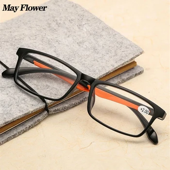 May Flower Náměstí TR90 Čtení Brýle Ultralehké čiré Čočky Presbyopickém Brýle Sport Dalekozrakosti Brýle Pro Muže A Ženy +3.5+4