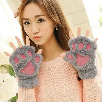 Cat ' s Paw Rukavice Dámské Zimní Korean Roztomilé Dívky Prstů Tlusté Teplé Medvědí Tlapa Plyšové Half-Finger Módní Rukavice