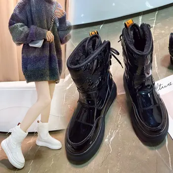 Módní tlusté-podrážkou sníh boty dámské střední kožené tepelné boty zimní dámské bavlněné boty ležérní dámské boty