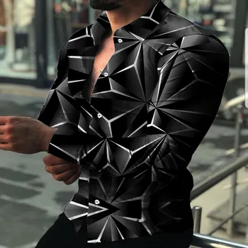 Módní Luxusní Pánské Košile Jediného Breasted Ležérní Trojúhelníkový Rhombus Tisk Dlouhý Rukáv Topy Pánské Oblečení Havaj Svetr