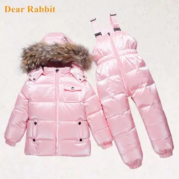 NOVÁ teplá péřová bunda pro dívky oblečení kabát 2-8 let, Děti oblečení chlapce, svrchní snowsuit dětské zimní bundu z pravé kožešiny Kombinéza