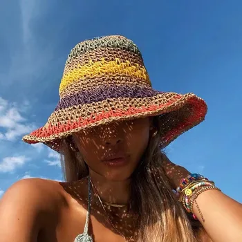 100%Rafie duha Dívka, Slunce Hat Široký Okraj Diskety Letní Klobouky Pro Ženy Beach Panama Slámy Dome Bucket Hat Femme Stínu Klobouku