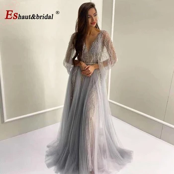 Luxusní Crystal Večer Noc Šaty pro Ženy 2022 O Krk Aline Korálky Ručně vyráběné hlubokým Výstřihem Dlouhé Formální Ples Svatební Party Šaty