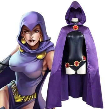 Teen Titans Super Hrdina Havran Cosplay Kostým Ženy Černá Kombinézu Fialové Plášť S Kapucí Kombinézy Halloween Kostým Strany
