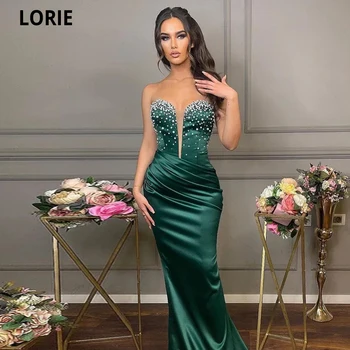 LORIE Moderní Hedvábný Satén Ples Šaty 2022 bez Rukávů Luxusní Perly Délka Podlahy Mořská panna Večerní Šaty Ženy Formální Zelené Šaty