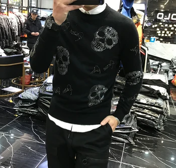 Pánské 2020 zima korejský styl osobnosti fit módní značky lebky těžké techniky horké vrtání svetr muž