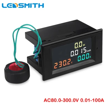 LEDSMITH Barevný LCD Displej Digitální Multimetr AC Voltmetr Ampérmetr 80-300V 100A Napětí Proud činný Výkon Energie Metr