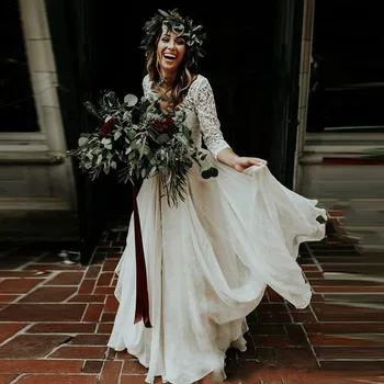 Boho Svatební Šaty Dlouhé Rukávy A-Line Bílá Ivory Šifon Krajka Princess Beach Nevěsta Dva Kusy Svatební Šaty Roku 2021