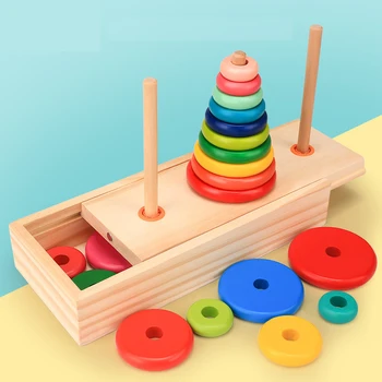 10 Vrstev Klasické Dřevěné Puzzle Zásobníku Hanoi Tower S odkládací schránkou Děti Matematické Vzdělávací Interakce Rodič-dítě Hračky