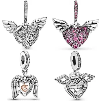 Originální Šumivé Červené Srdce & Andělská Křídla S CrystalPendant Korálky, 925 Sterling Silver Přívěsky Fit Módní Náramek Diy Šperky